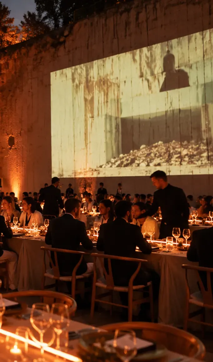 Cena corporativa nocturna en un patio de piedra iluminado, con mesas largas y una proyección en la pared.