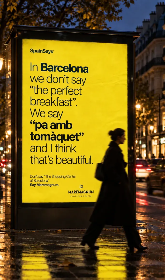 Mupi nocturno de Maremagnum en una calle de Barcelona con el mensaje «In Barcelona we don't say "the perfect breakfast". We say "pa amb tomàquet"».