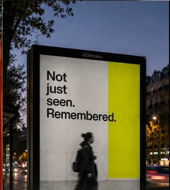Marquesina publicitaria en la calle con el mensaje «Not just seen. Remembered.» (imagen provisional).